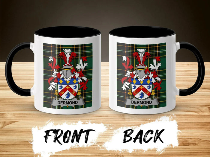 Mug with "DERMOND" family crest on plaid background.
