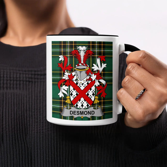 Mug with Desmond family crest on green plaid background.