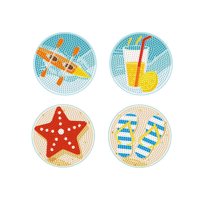 The Diamond Dotz Coasters feature four circular designs: a kayak on water, two drinks with straws and orange slices, a red starfish on sand, and blue-striped flip-flops—all with a dotted textured look.