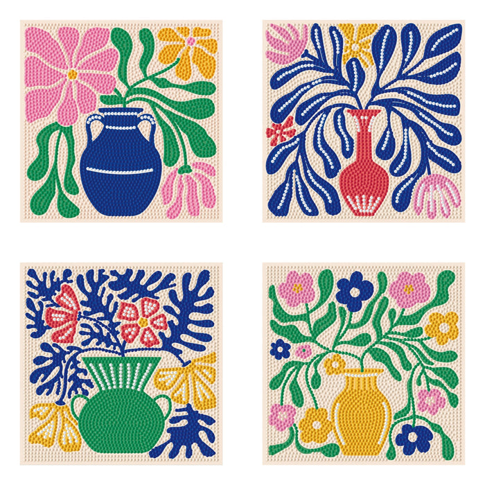 Four colorful, stylized illustrations of vases with large flowers and leaves, each in a different color—blue, red, green, or yellow—filled with vibrant floral designs. Finished using the Diamond Dotz Mini Dotz kit.