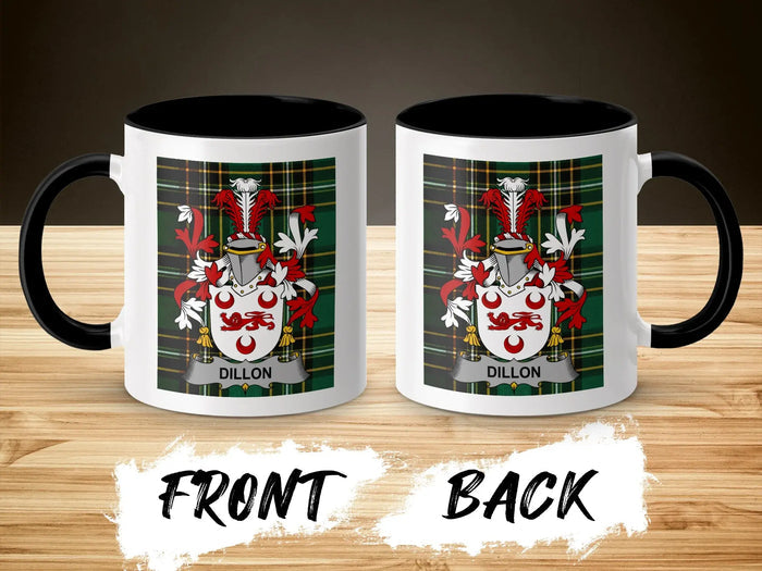 Two Dillon accent mugs with the family crest on the Irish National Tartan