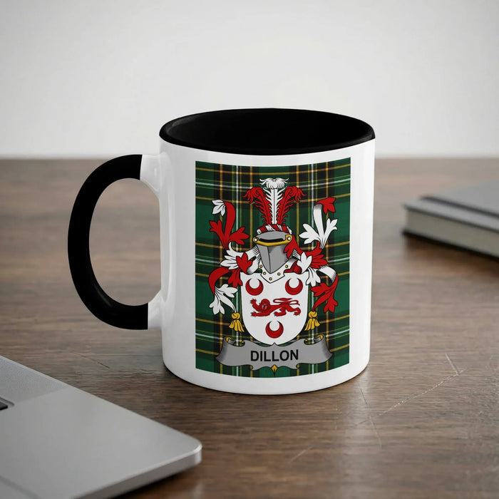 White Dillon mug with a black handle, family crest on the Irish National Tartan