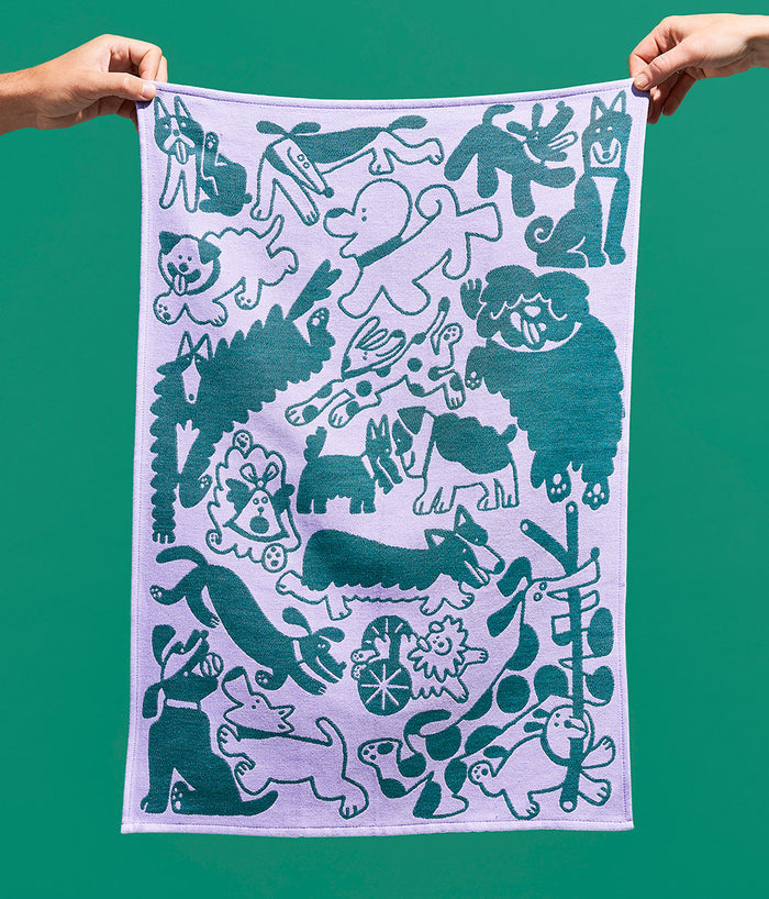 Dogs Day Out Lilac/Green Cotton Tea Towel