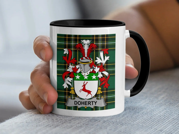 Doherty Irish heritage mug with black handle and family crest