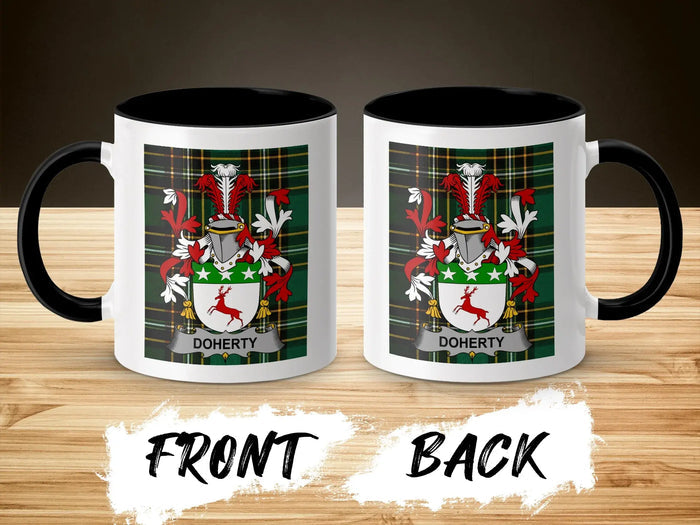 Doherty Irish Family Crest mug shown from front and back