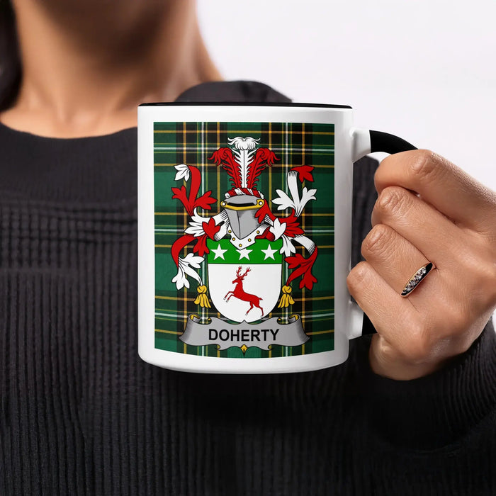 White mug with black rim featuring the Doherty family crest and tartan.