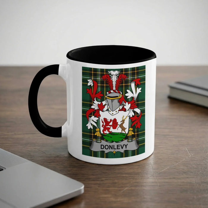 Donlevy coat of arms on a white mug with black rim and handle.