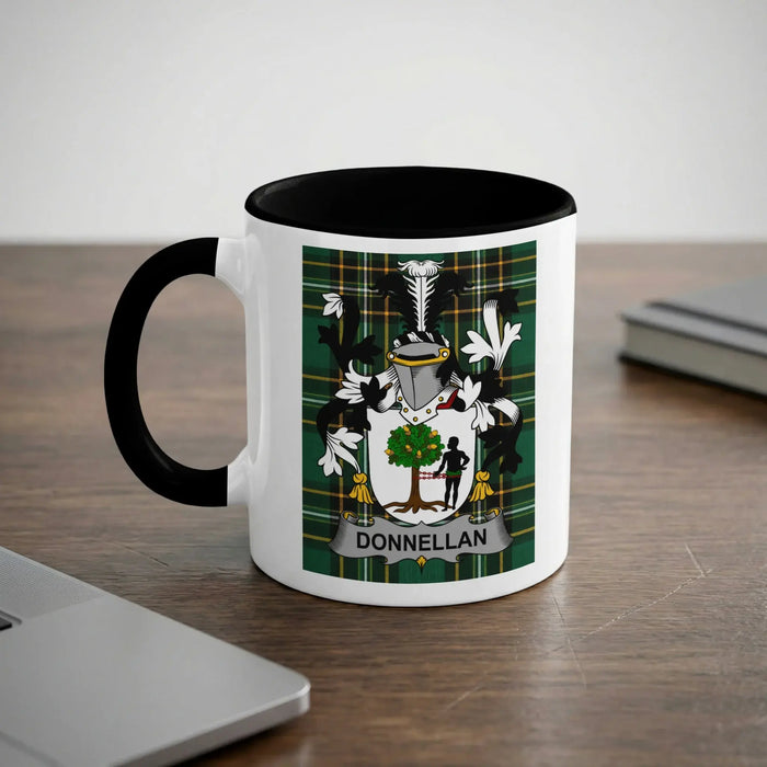 Mug featuring the Donnellan family crest on a plaid background.
