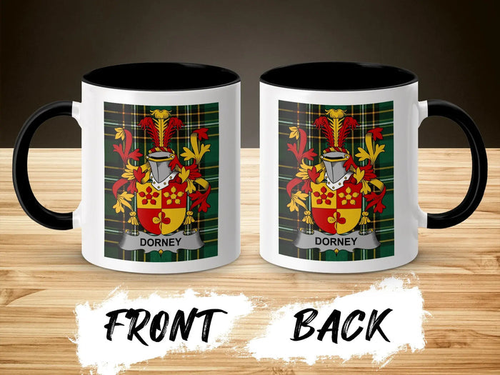 Two ceramic mugs with the Dorney coat of arms displayed on front and back.