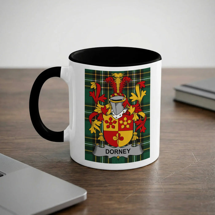White mug with black rim featuring a coat of arms and "Dorney" text.
