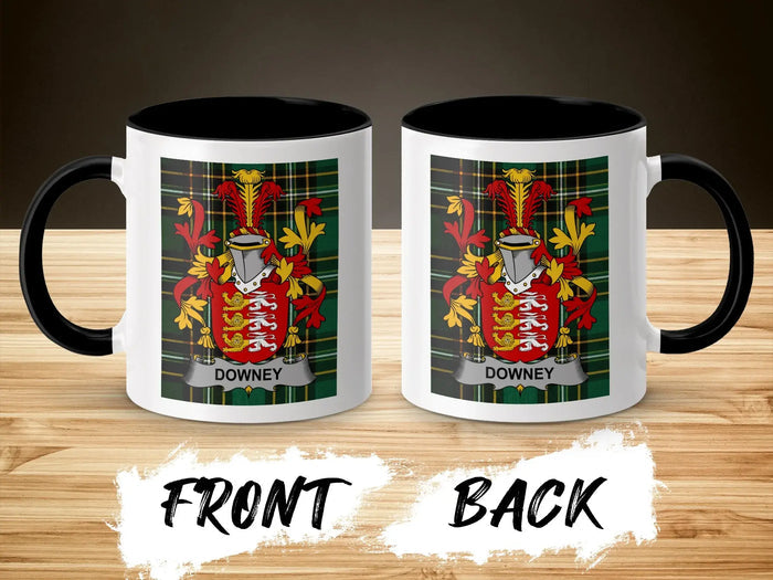 Two mugs side-by-side, each featuring the Downey family crest on a plaid background.
