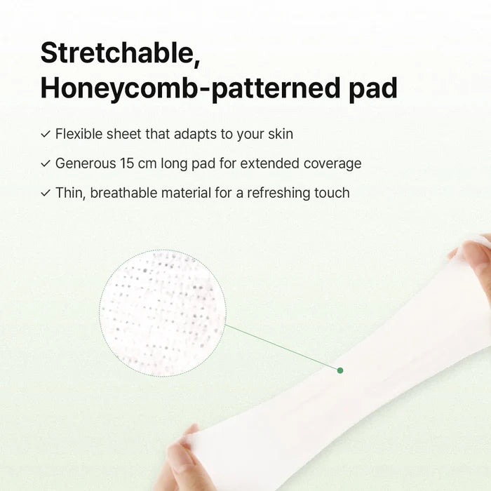 dr. althea stretchfit calming pad infographic showing a stretchable honeycomb-patterned toner pad. highlights a flexible 15 cm sheet that adapts to facial contours, provides extended coverage, and features a thin, breathable material for comfortable, soothing skincare.