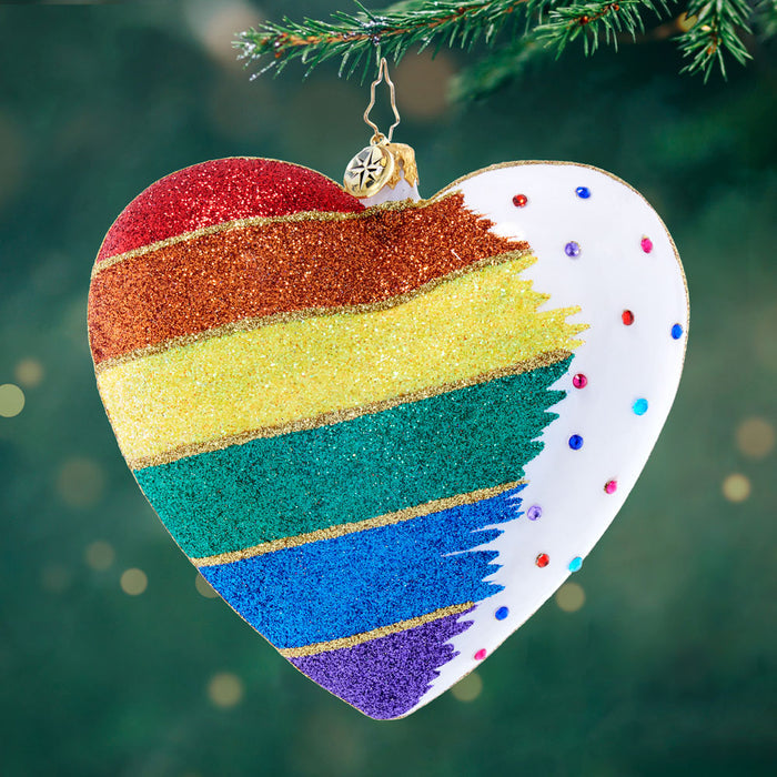 Front image - Equality in Every Heartbeat - (Rainbow heart ornament) - Heart shaped ornament with rainbow stripes and gems