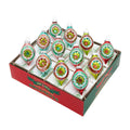 FESTIVE FETE 12 COUNT 1.75" DECORATED REFLECTOR TULIPS. Round tear-drop shaped ornaments with colors, designs, and gems in red, pink, green, and teal.