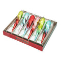 FESTIVE FETE 6 COUNT 5" GLASS ICICLES. Six icicle shaped ornaments in ombre colors of red, green, teal, and pink.
