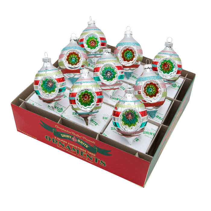 FESTIVE FETE 9 COUNT 2.5" REFLECTOR TULIPS. Silver round tear-drop shaped ornaments painted with colored stripes of red, green, blue, and pink