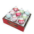 FESTIVE FETE 9 COUNT 2.5" SIGNATURE FLOCKED ROUNDS. Nine round ornaments with a big stripe ranging from colors of red, pink, green, and teal, and each with its own design.
