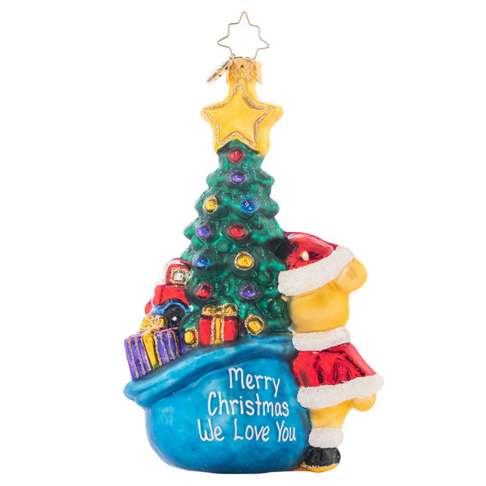 Back - Ornament Description - First Glimpse: This baby bear has bag full of fun trailing behind him. Add a personal message or name on the bag to make this a truly unique gift. Note: Please allow approximately one month (on top of shipping time) for our elves to personalize your ornament.