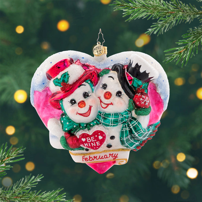 Forever and Always. Pink heart shaped ornament with a Mr. and Mrs. Snowman. View of front