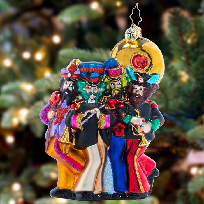 Four Man Imaginary Band. ornament of four band members each dressed in vibrant colors. View of front
