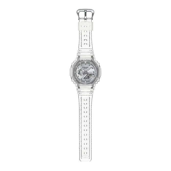 Transparent silver GA2100BM-7A8 watch with a clear white strap