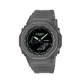 GA2100K-1A grey G-Shock with black resin band shown from a top angle with strap ridges visible