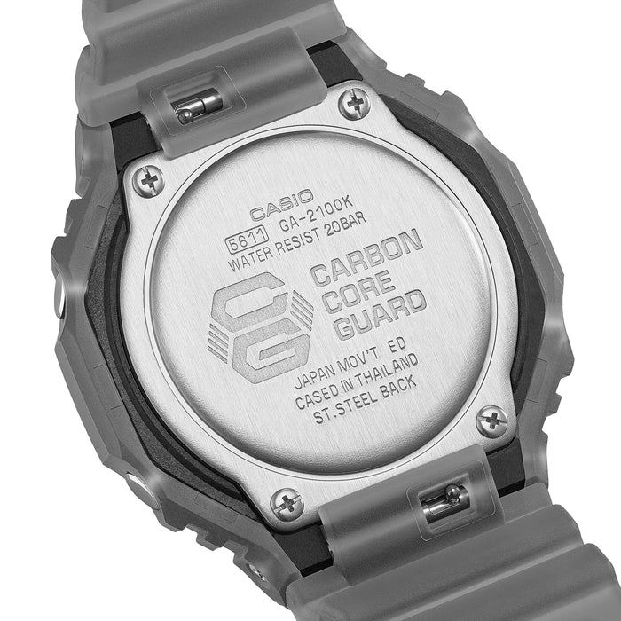 Rear view of GA2100K-1A Grey G-Shock showing a brushed stainless steel back plate and grey resin band