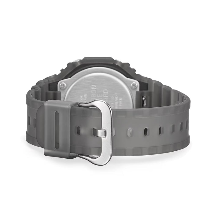 Close up of carbon core guard back with gray resin strap and metal buckle on GA2100K-1A Grey