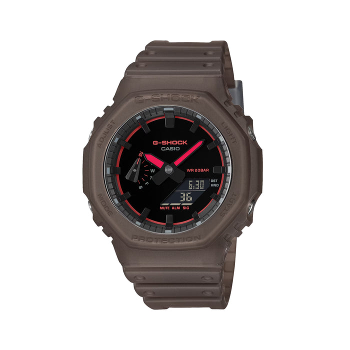 Brown GA2100K-5A G SHOCK with black dial and red accents on a brown resin band