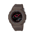 Brown GA2100K-5A G SHOCK with black dial and red accents on a brown resin band