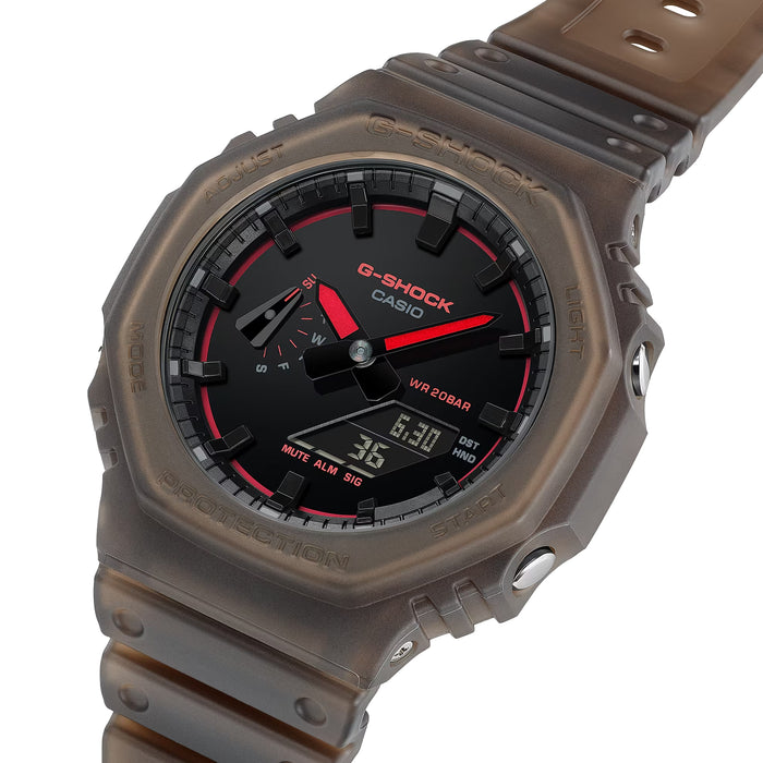 Close up of GA2100K-5A brown resin G-Shock with black dial and red accents