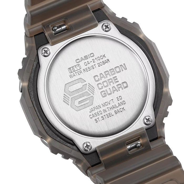 Rear view of GA2100K-5A brown and black resin watch with stainless steel case back and brown strap.