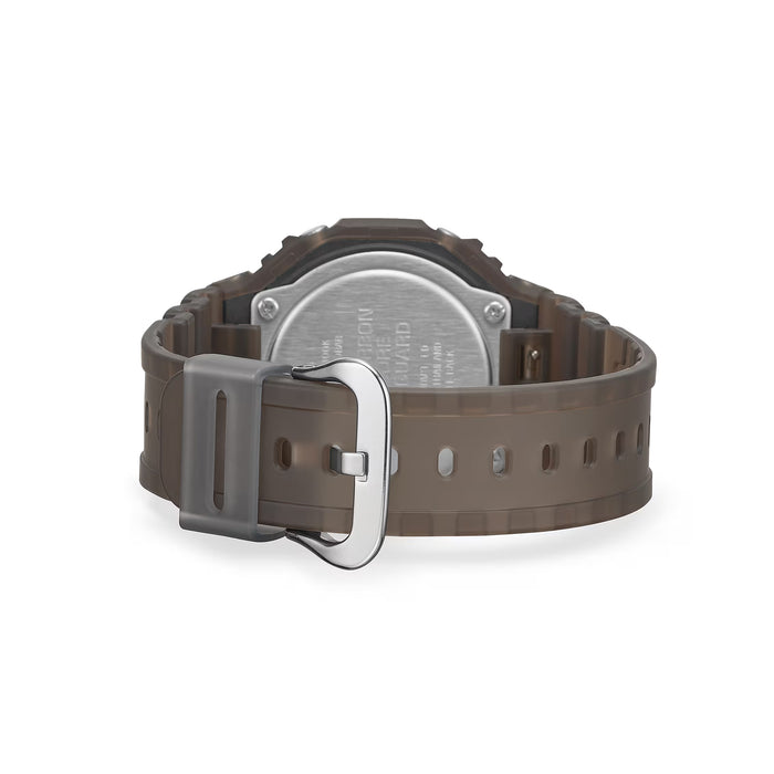 Rear view of brown resin G-Shock showing metal case back and strap buckle