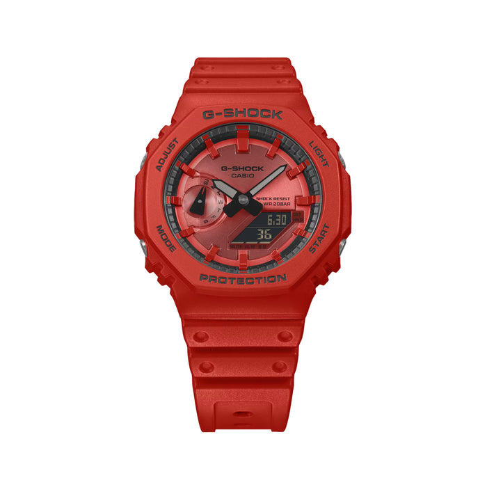 Close up of red GA2100RRB-4A watch with red resin strap viewed from above