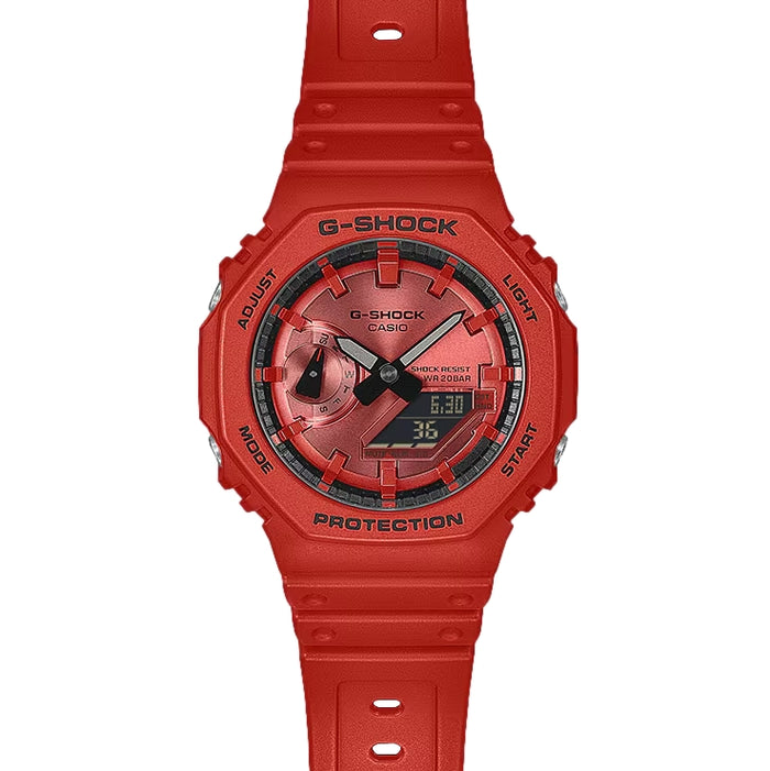 Full view of red GA2100RRB-4A analog digital watch with red resin strap on a white background