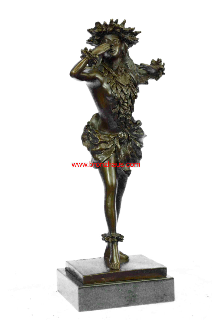 Gilt Hawaiian Girl W/Lei Flower Bronze Sculpture Hot Cast Marble Base Figurine