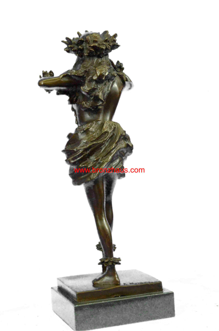 Gilt Hawaiian Girl W/Lei Flower Bronze Sculpture Hot Cast Marble Base Figurine