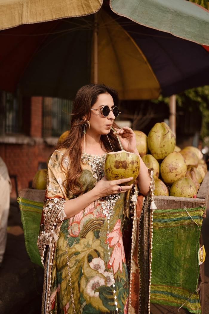 Nariyal Green Moroccan Silk Kaftan | Kurti Online Shopping