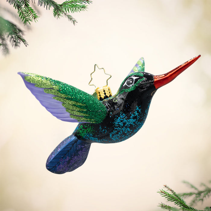 Happy Holiday Hummingbird - Hummingbird ornament with a black base and sparkling purple and green wings. View of front