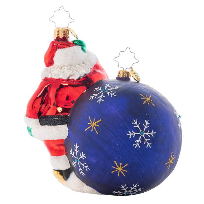 Back - Ornament Description - Having a Ball: Santa is taking a rest against a beautifully decorated ornament. Add your own personal message on this ornament to create a one of a kind piece. Note: Please allow approximately one month (on top of shipping time) for our elves to personalize your ornament.