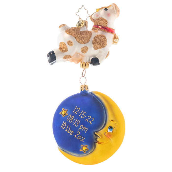 Back - Ornament Description - Hey, Diddle!: Add your own personal message for someone you love in the nights sky!! This whimsical cow jumping over the moon will delight your family for years to come. Note: Please allow approximately one month (on top of shipping time) for our elves to personalize your ornament.