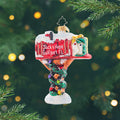 Holly-day Mail Personalized. Mailbox shaped ornament in a shiny read with lights wrapped around the wooden post, waiting to be personalized. View of front
