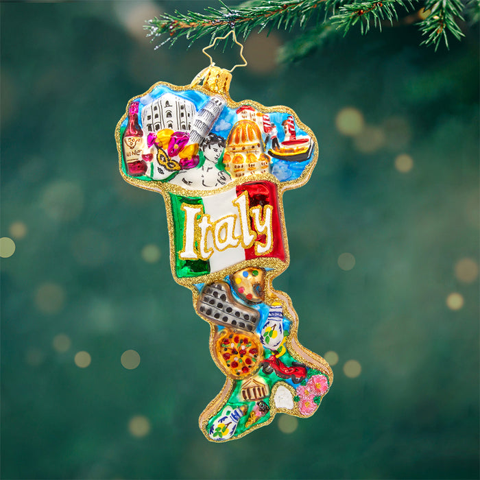 Front image - Italian Charm - (Keepsake ornaments) - Ornament in the shape of Italy featuring the Colosseum, The Leaning Tower of Pisa, and canals of Venice.
