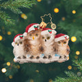 Its Owl In The Family Gem. Ornament of a four-member owl family, all wearing a sparkly Santa hat. View of front