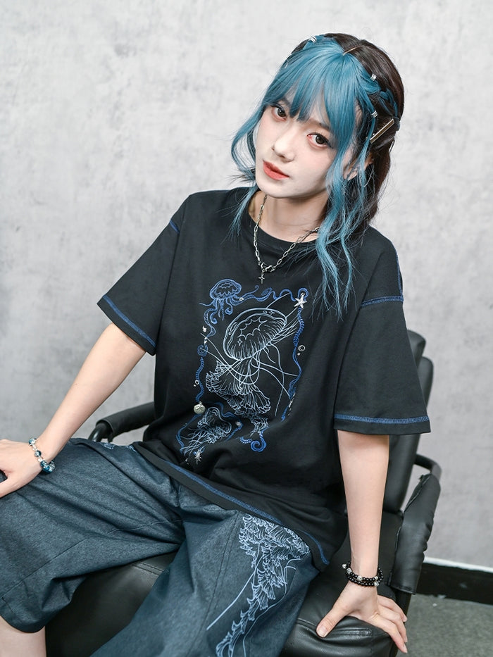 Jellyfish Print Black Cotton Crew Neck T-Shirt for Summer