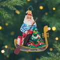 Jolly Gondolier. Ornament of Santa in a classic Italian outfit while on a black and gold paddle boat. View of front
