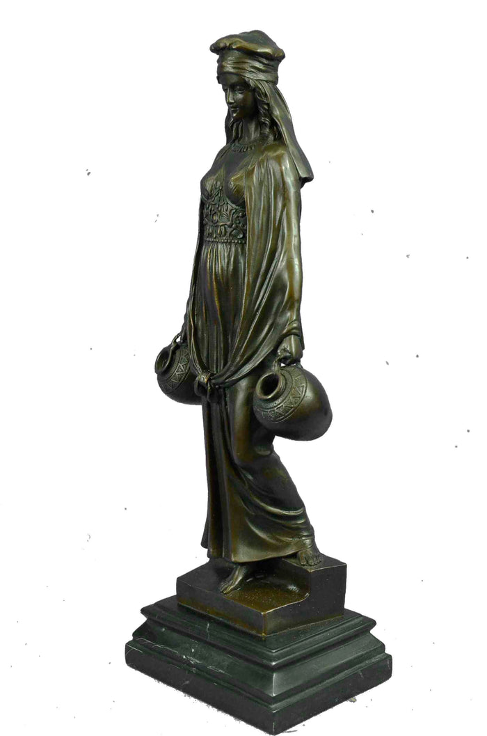 Lady Carrying Water Jugs Bronze Sculpture Hot Cast Marble Base Figurine