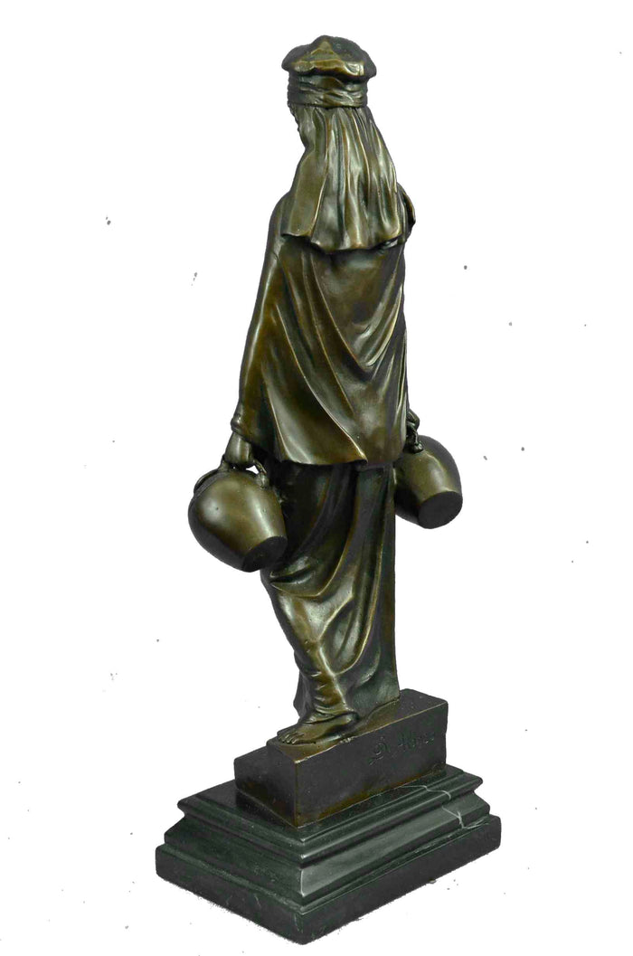 Lady Carrying Water Jugs Bronze Sculpture Hot Cast Marble Base Figurine