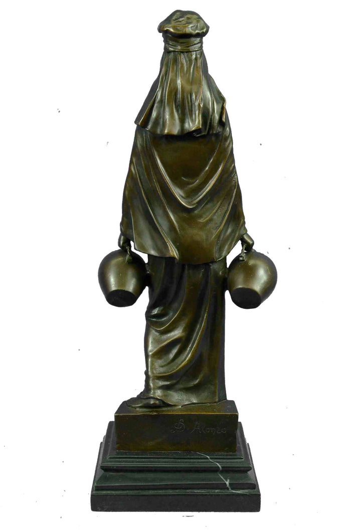 Lady Carrying Water Jugs Bronze Sculpture Hot Cast Marble Base Figurine