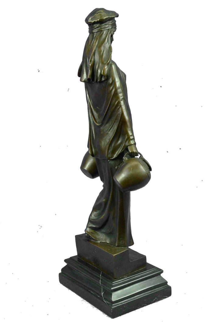 Lady Carrying Water Jugs Bronze Sculpture Hot Cast Marble Base Figurine
